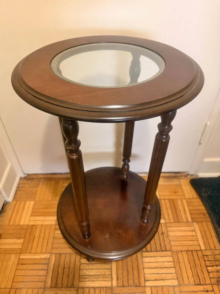 Elegant Round Wood Side Table with Glass Inlay