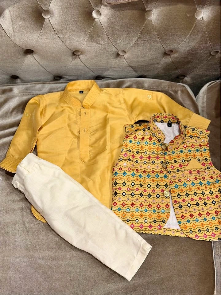 1 year Boys' 3-Piece Kurta Pajama Set with Embroidered Vest