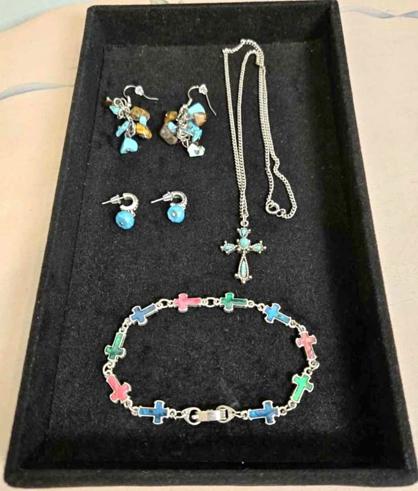 Jewelry Lot: Cross Bracelet, Necklace, and Earrings