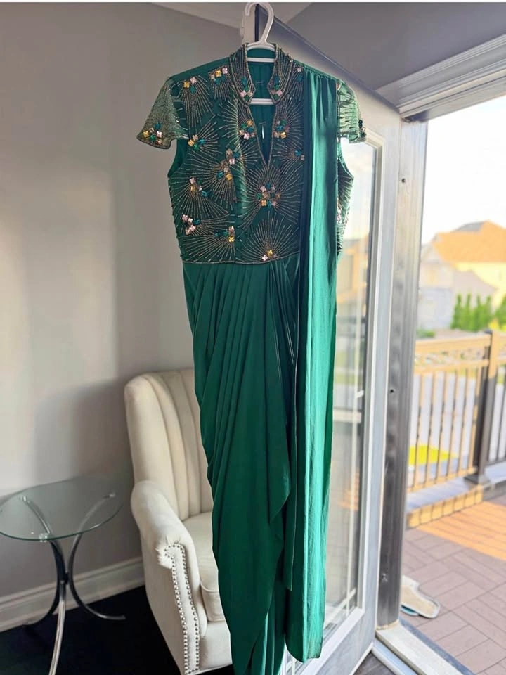 Emerald Green Embellished Draped Saree Gown