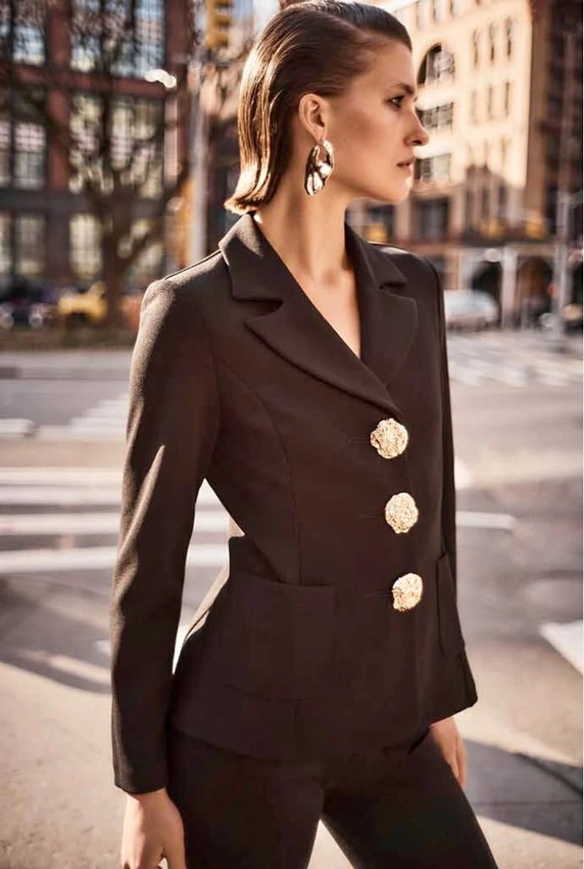 Joseph Ribkoff Gold Button Blazer – Structured Black Jacket. Siz