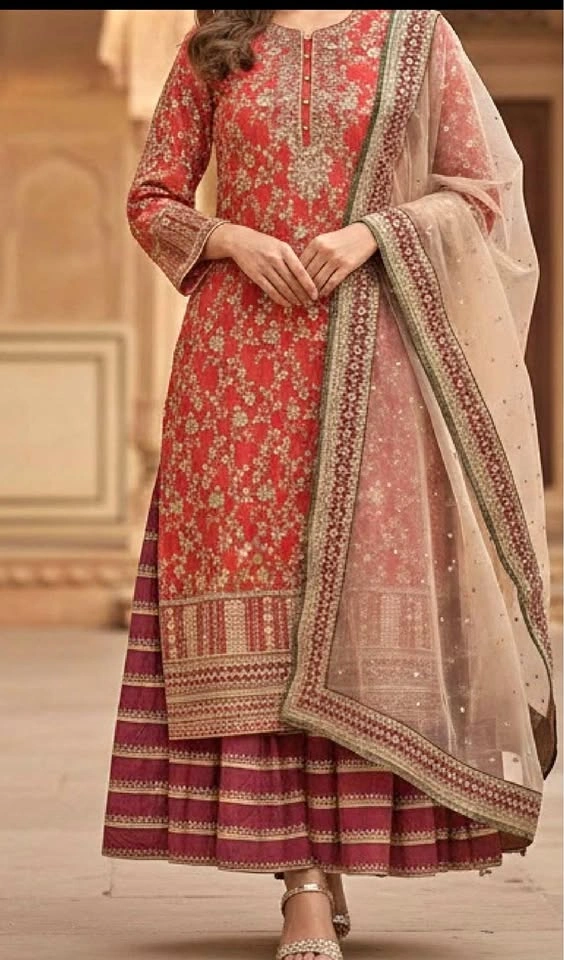 Embroidered Rust and Maroon Designer Party Dress