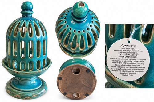 Turquoise Ceramic Candle Holder with Ventilated Lid