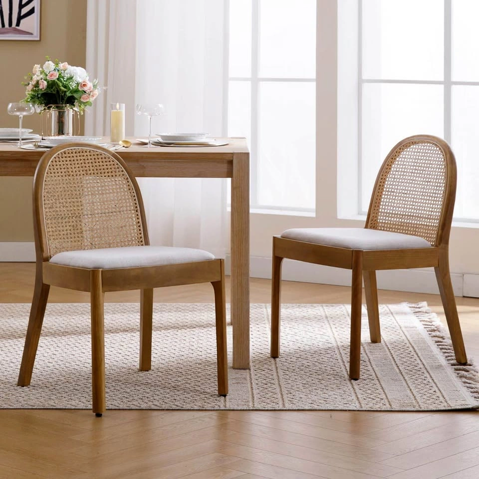 Set of 2 Rattan Dining Chairs with Upholstered Seats – Beige