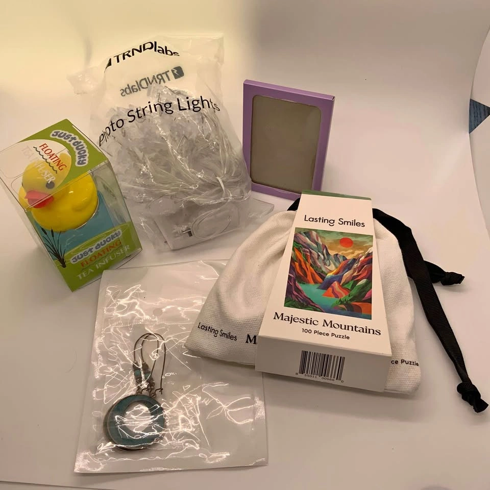 Gift bag: String lights, earrings, puzzle, tea infuser, frame