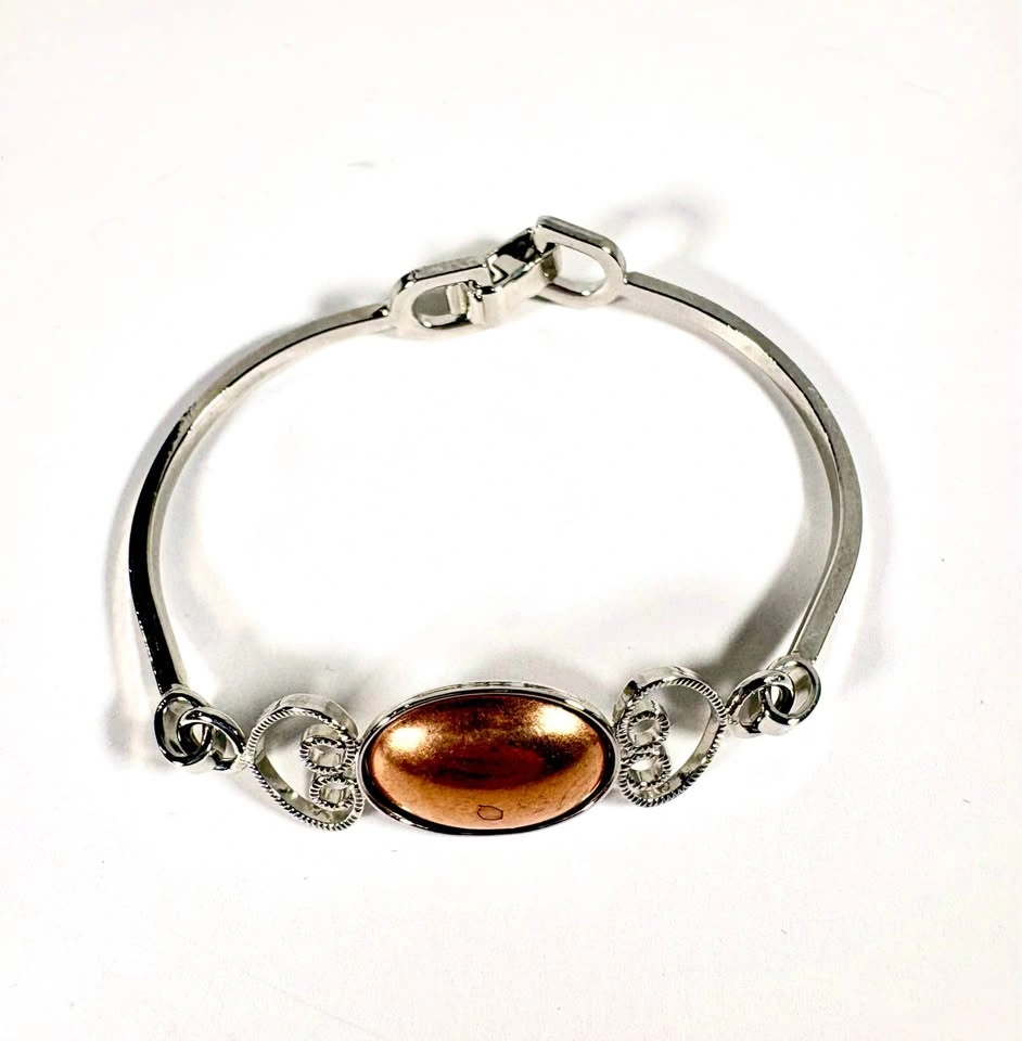 Silver Tone Filigree Bangle Bracelet with Copper Oval Centerpiec - photo 3