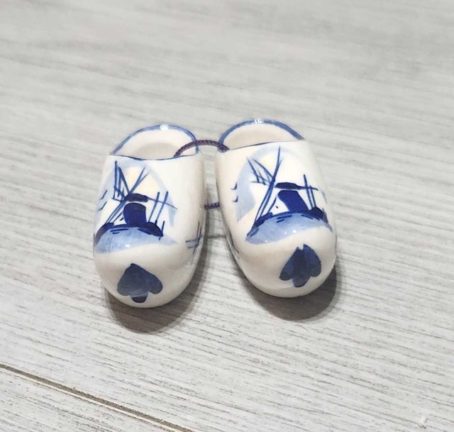Vintage Delft Miniature Ceramic Clogs With Holland Windmill