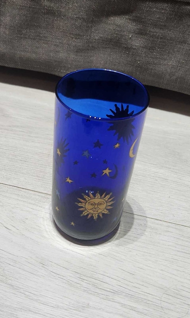 Vintage 1990s Libby Colbalt Blue Celestial Sun Moon Stars Glass