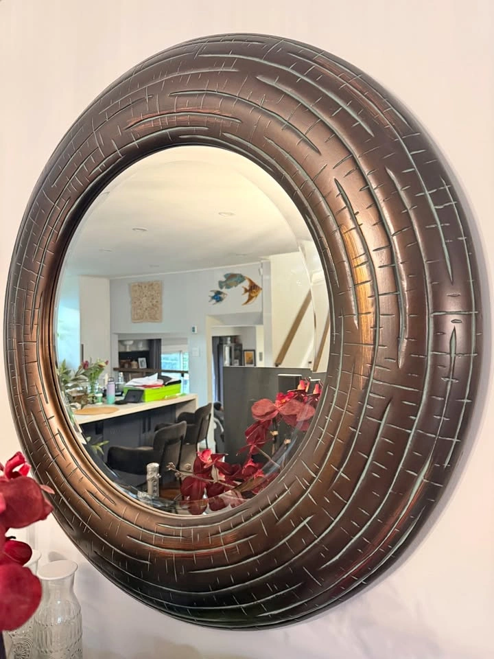 Large Round Mirror – Textured Bronze Wood Frame (36")
