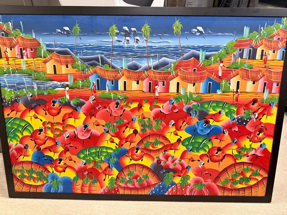 Large Original Haitian Folk Art Painting – Market Scene