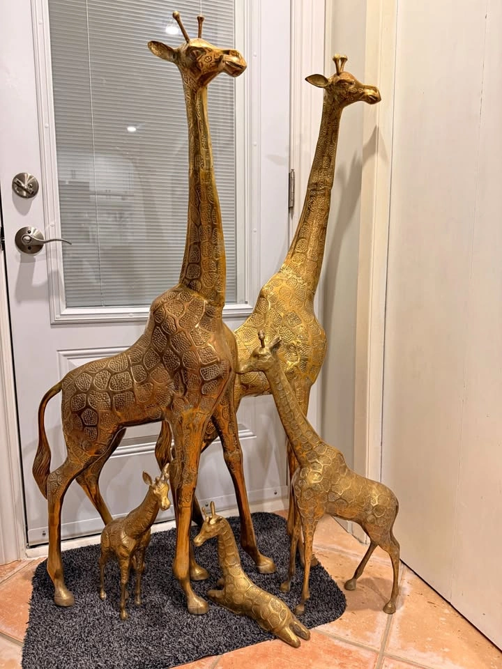 Vintage Solid Brass Giraffe Family Sculpture Collection - 5 Pcs