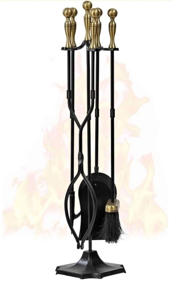 5-Piece Fireplace Tool Set Brass Handles Wrought Iron