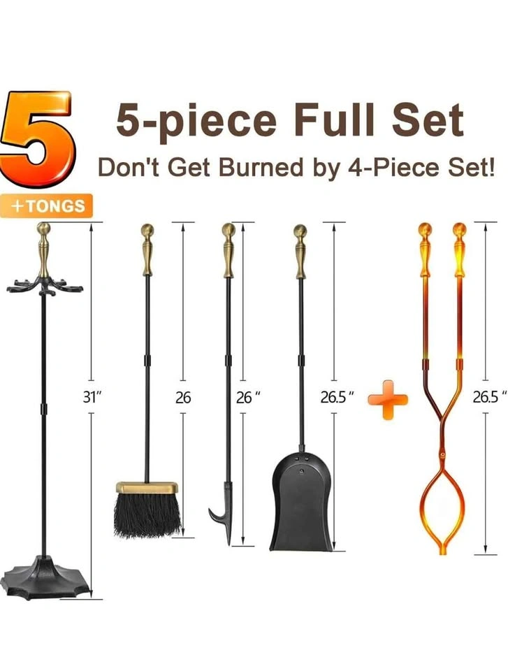 5-Piece Fireplace Tool Set Brass Handles Wrought Iron - photo 2