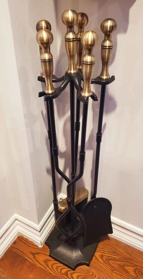 5-Piece Fireplace Tool Set Brass Handles Wrought Iron - photo 3