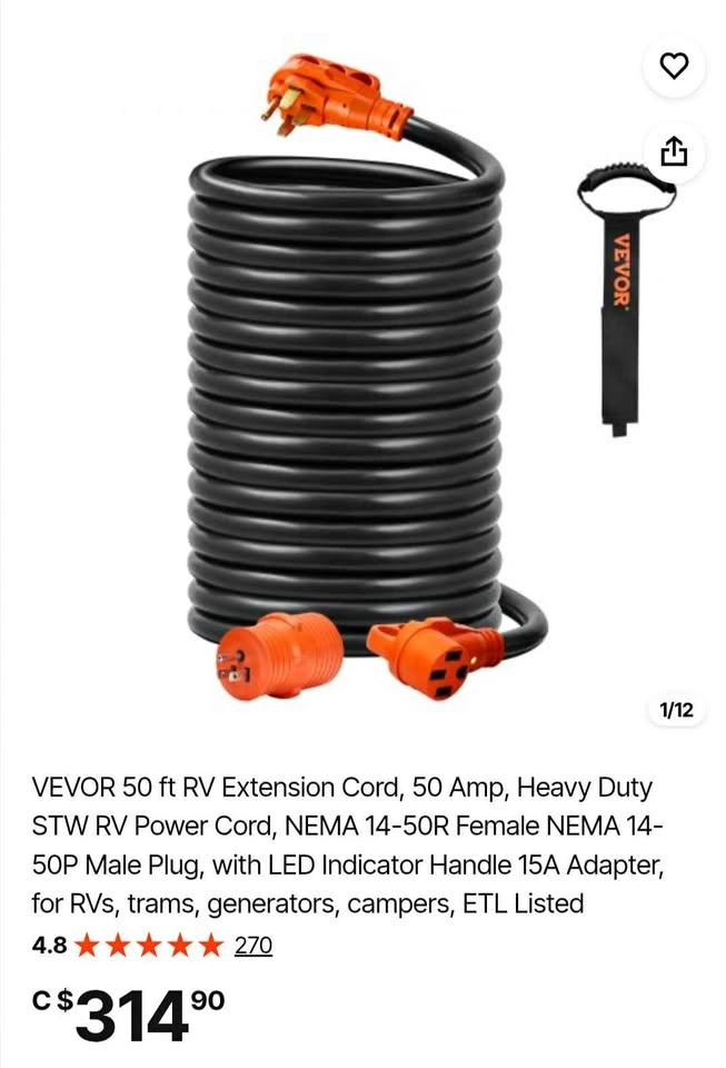 Vevor NEMA 14-50 RV/ EV 50 ft. extension