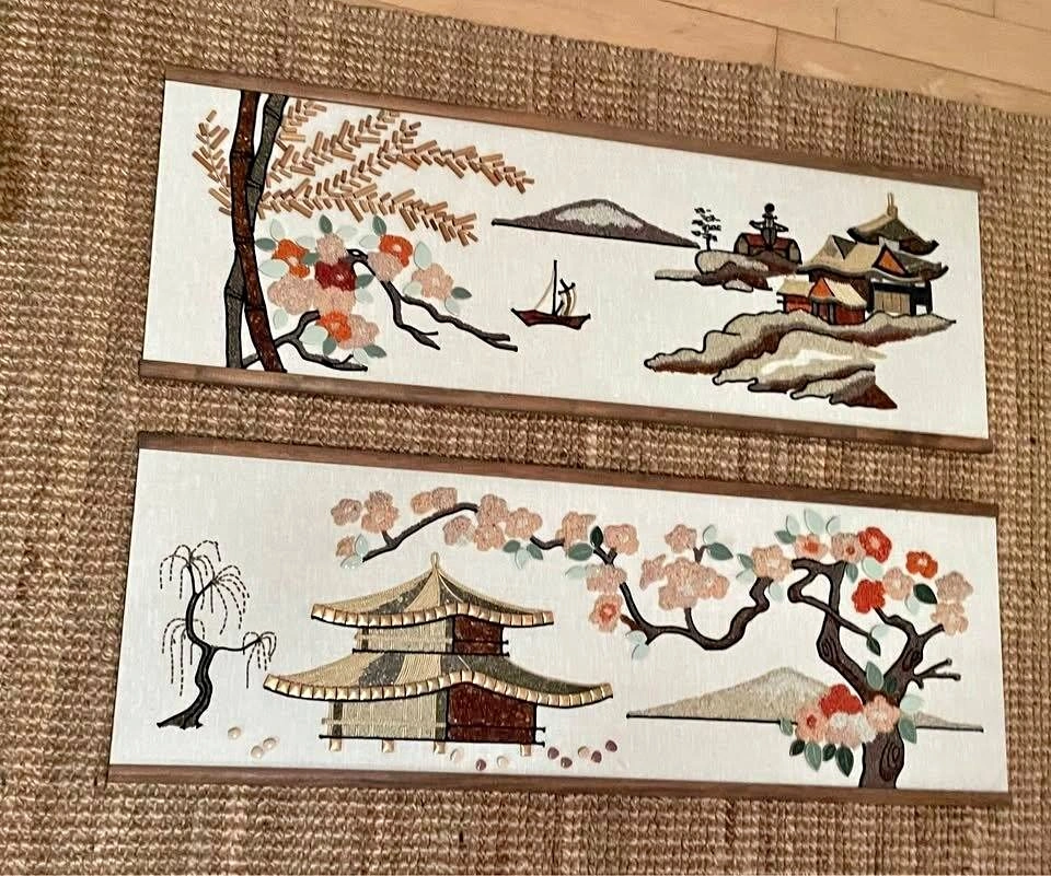 Pair of Gorgeous 36x12” mid century mcm Asian gravel art wall de