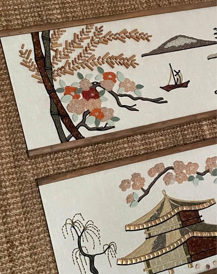 Pair of Gorgeous 36x12” mid century mcm Asian gravel art wall de - photo 2