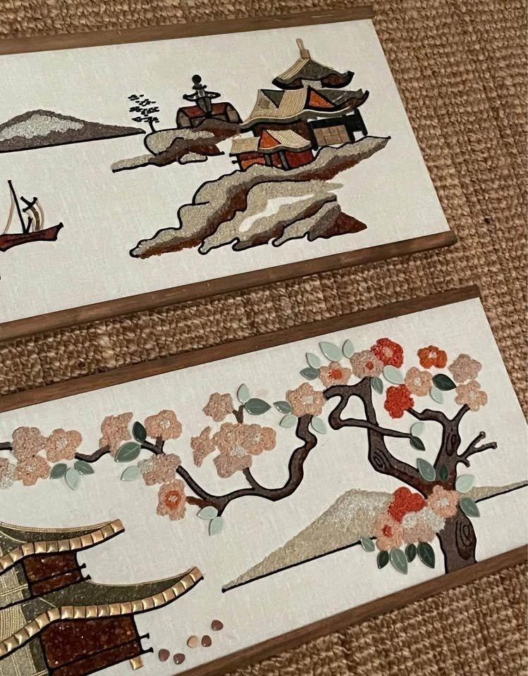 Pair of Gorgeous 36x12” mid century mcm Asian gravel art wall de - photo 3