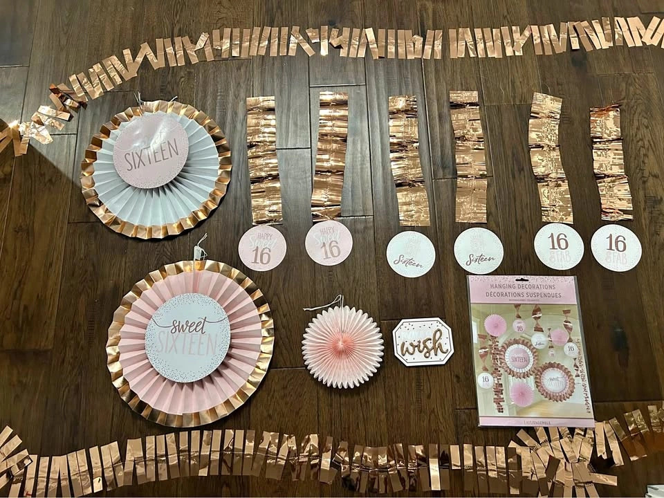 Sweet 16 Rose Gold Decorations Set – Backdrop + Hanging Decor
