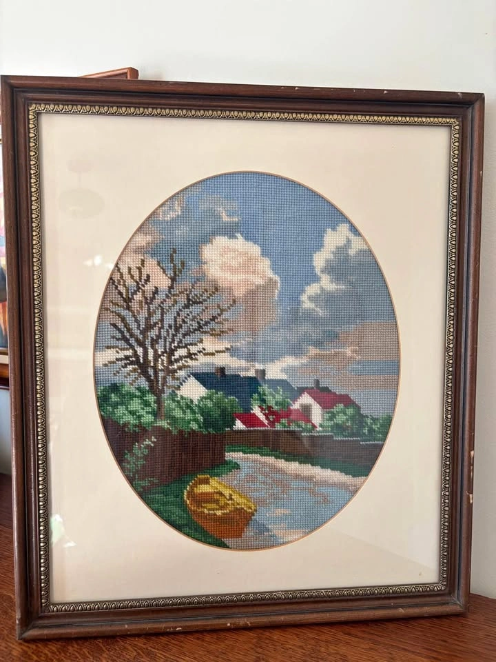 Framed Vintage Needlepoint Tapestry European Village Rowboat Sce