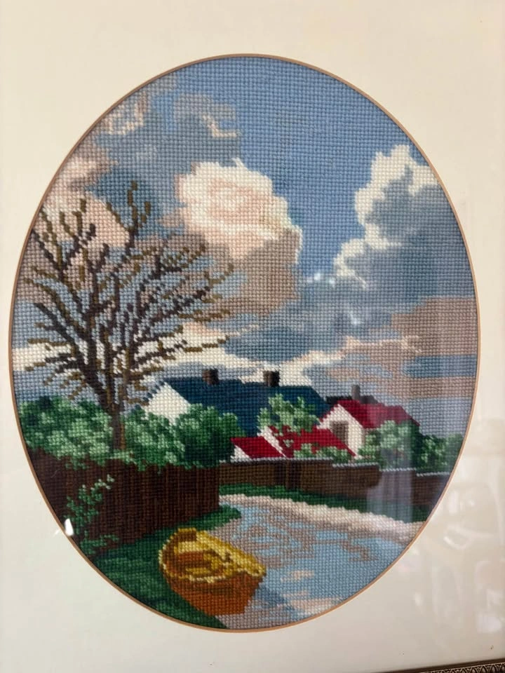 Framed Vintage Needlepoint Tapestry European Village Rowboat Sce - photo 2