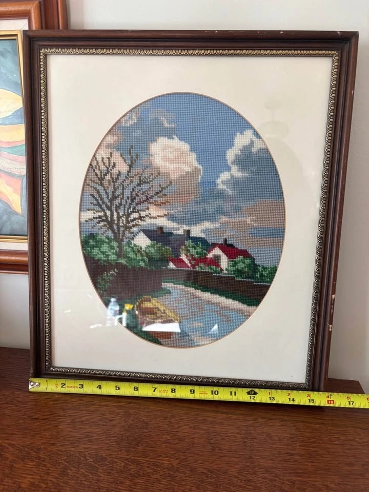 Framed Vintage Needlepoint Tapestry European Village Rowboat Sce - photo 4