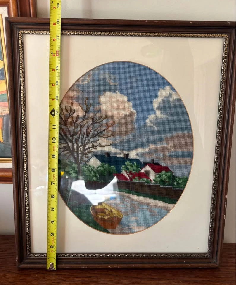 Framed Vintage Needlepoint Tapestry European Village Rowboat Sce - photo 5