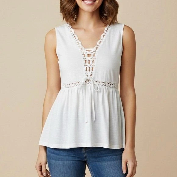 MyStyle White Cotton Lace Up V Neck Peplum Tank Top Size M