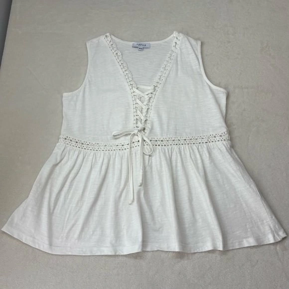 MyStyle White Cotton Lace Up V Neck Peplum Tank Top Size M - photo 2