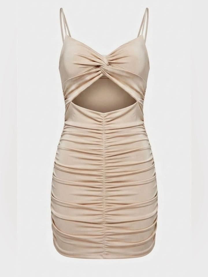 NWT Oh Polly Champagne Beige Cut-Out Ruched Mini Dress - US 4