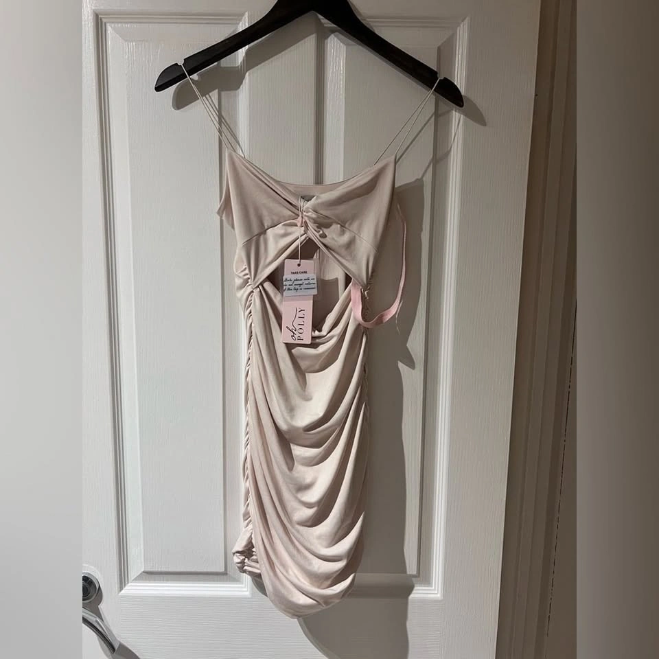 NWT Oh Polly Champagne Beige Cut-Out Ruched Mini Dress - US 4 - photo 2