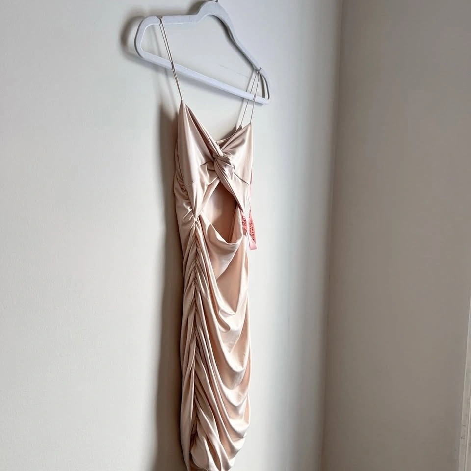 NWT Oh Polly Champagne Beige Cut-Out Ruched Mini Dress - US 4 - photo 4