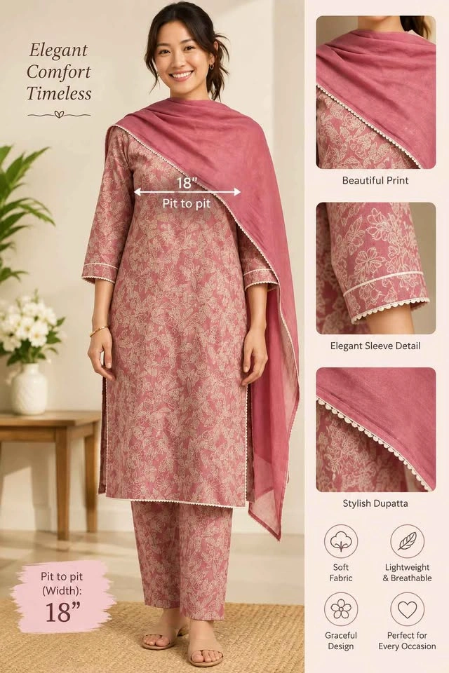 NEW Pink Printed Kurta Set with Dupatta - photo 2