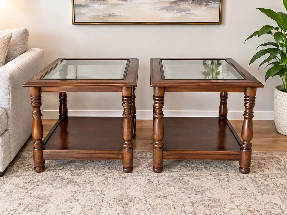 SOLID WOOD Glass Top End/side Tables set of 2