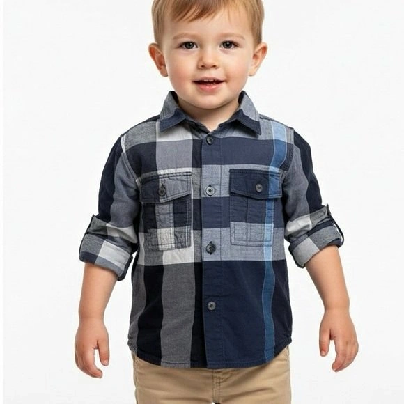 Burberry Kids Plaid Button Up Shirt Long Sleeve Blue Check 18M