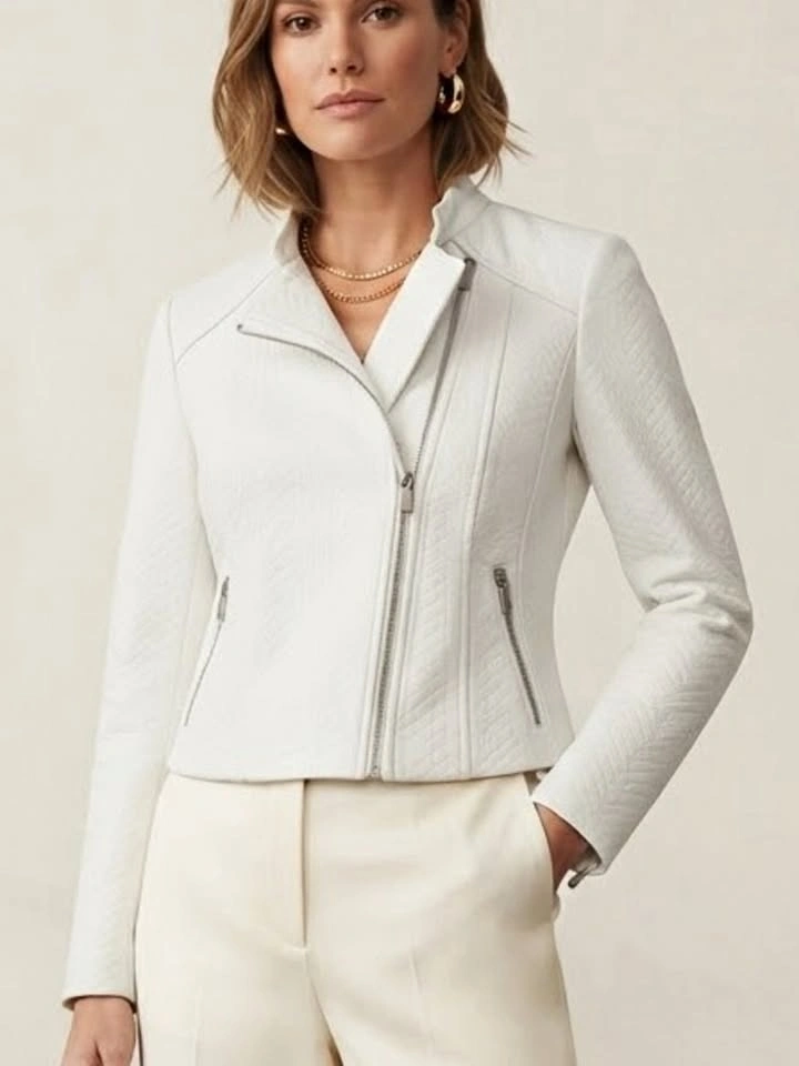 Soia & Kyo White Moto Jacket Asymmetric Zip Biker Medium