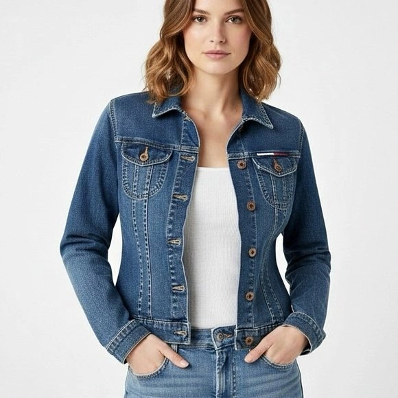 Tommy Jeans Denim Jacket Womens Size L Medium Wash Stretch