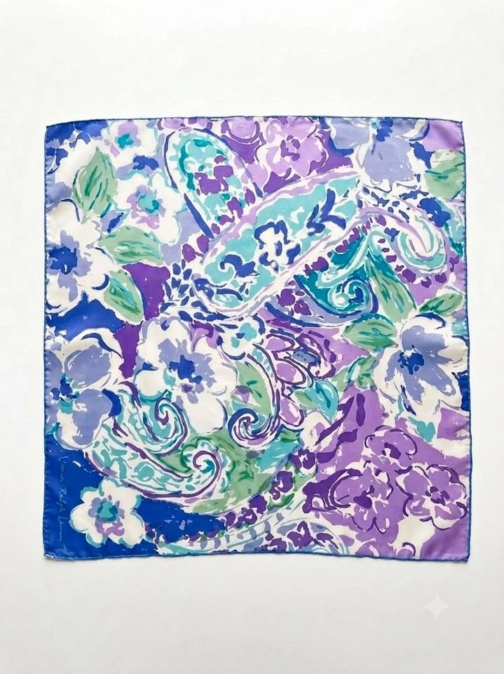 Lauren Ralph Lauren Blue Floral Paisley Square Scarf 21" x 21" - photo 4