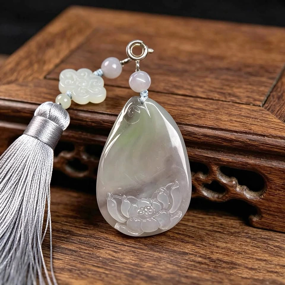Four-Color Hetian Jade Lotus Pendant – Smoky Purple & Green
