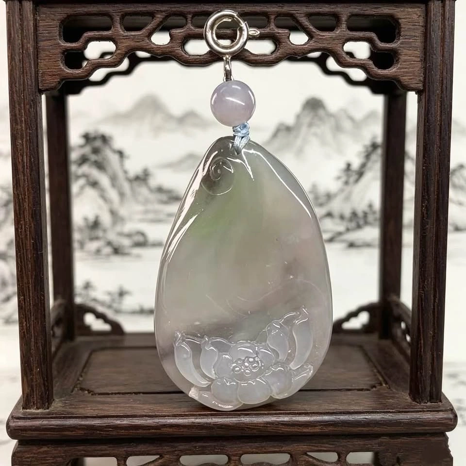 Four-Color Hetian Jade Lotus Pendant – Smoky Purple & Green - photo 2