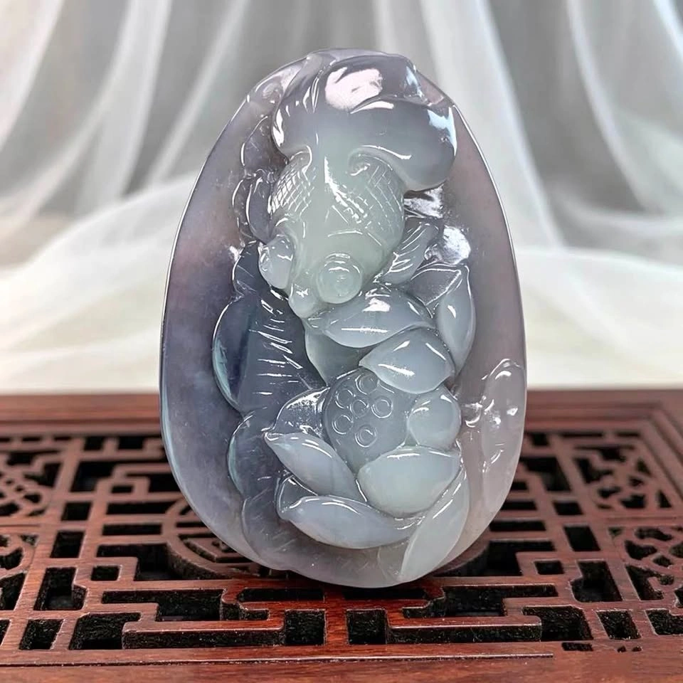 Natural Hetian Jade Lotus & Fish Pendant – Purple Gradient