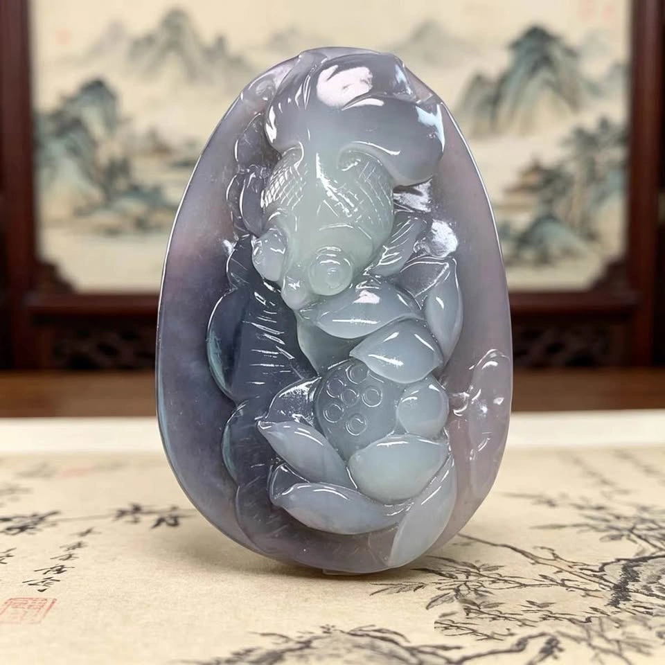 Natural Hetian Jade Lotus & Fish Pendant – Purple Gradient - photo 2