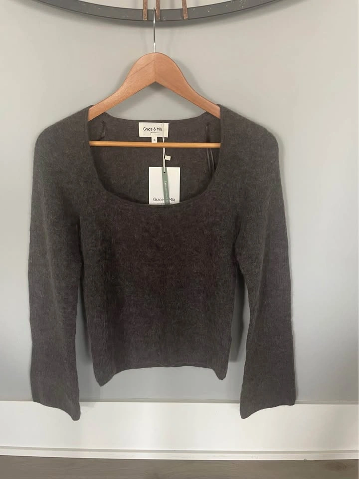 Grace & Mila charcoal square neck knit, very soft, S, NWT - photo 2
