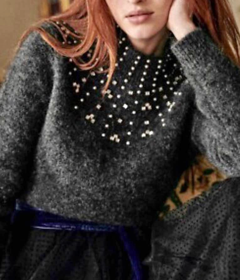 Sézane Regina jumper, charcoal, bejewelled neck, XXS