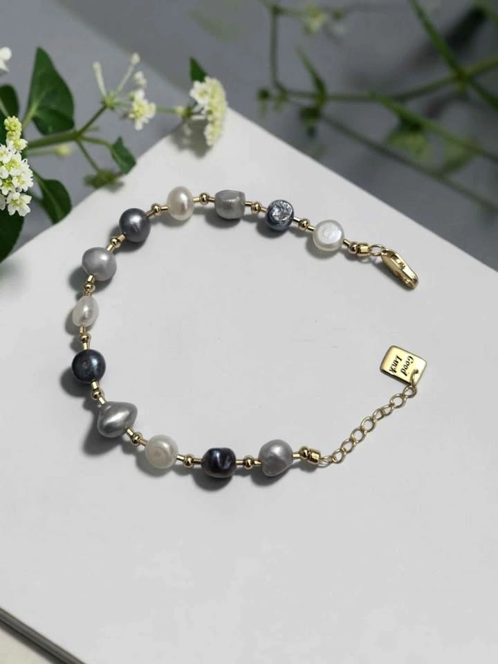 Baroque Freshwater Pearl Bracelet Gold Beaded Chain - photo 2