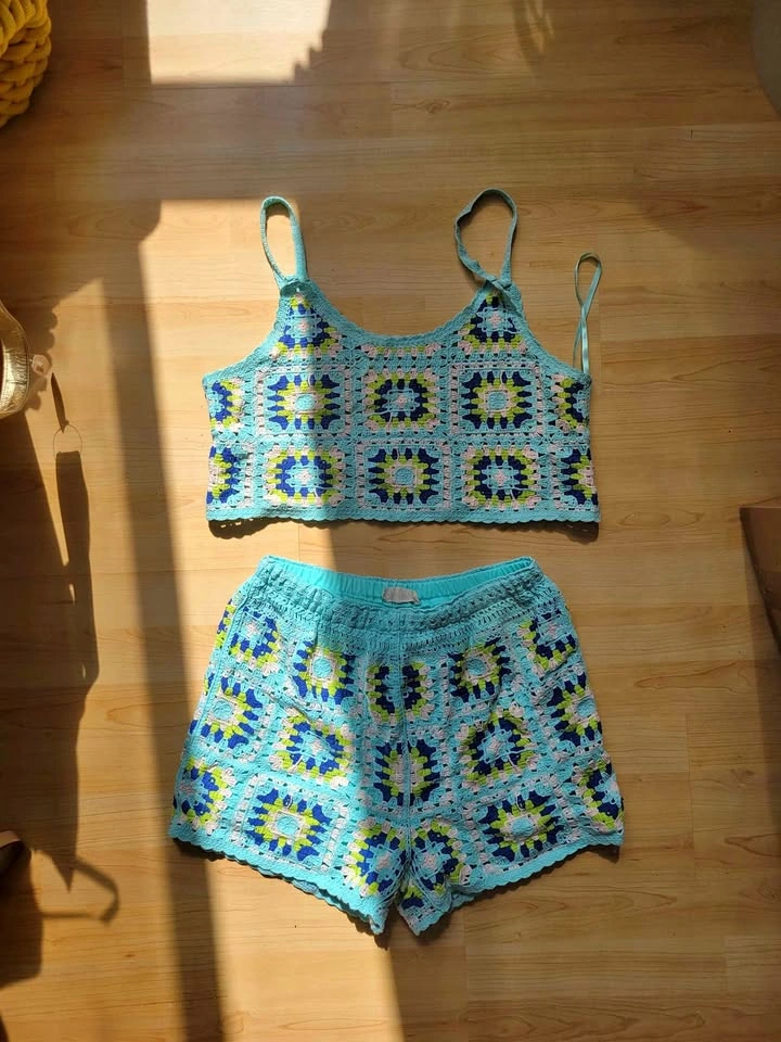 Blue Crochet Square Two-Piece Set