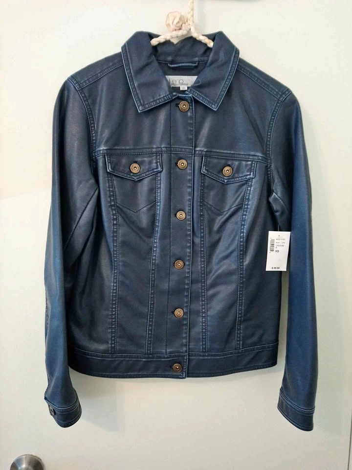 Dark Blue Faux Leather Jacket