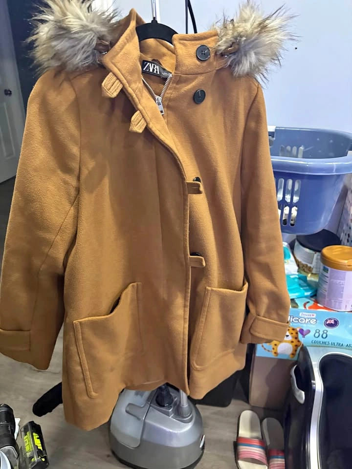 ZARA Hooded Coat with Faux Fur Trim - as is