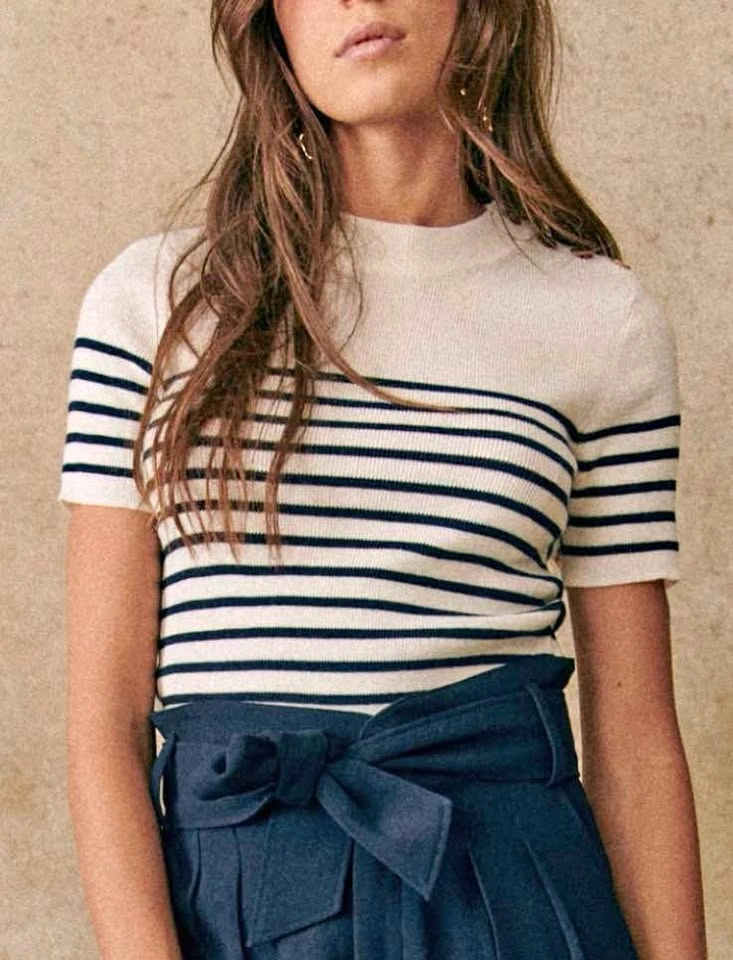 Sézane Mona jumper, ecru and navy, stripes, short sleeves, NWT,