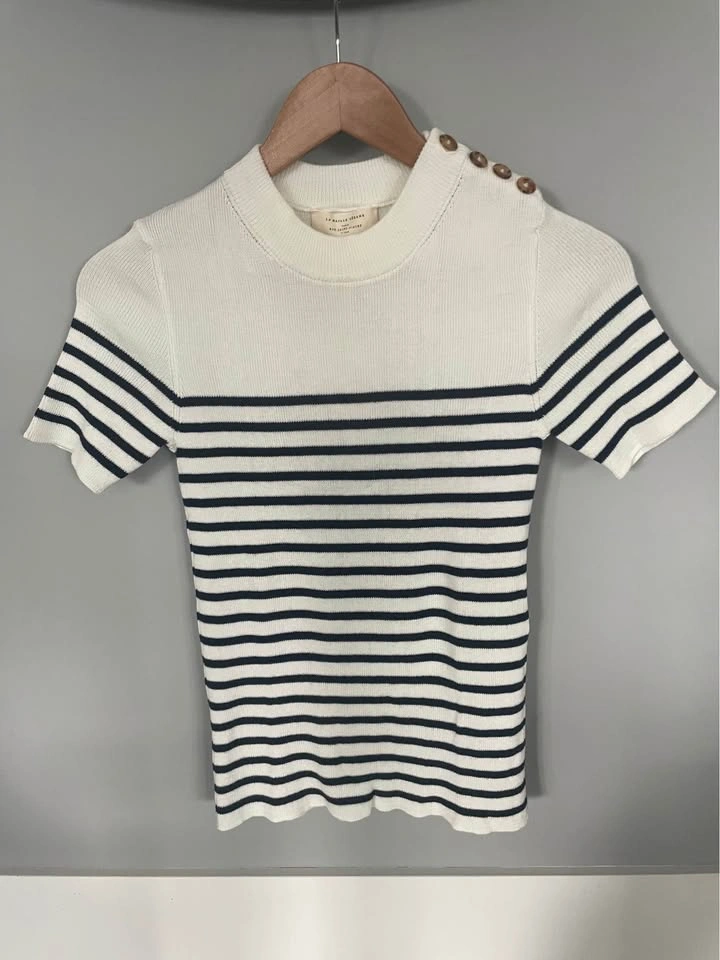 Sézane Mona jumper, ecru and navy, stripes, short sleeves, NWT, - photo 4
